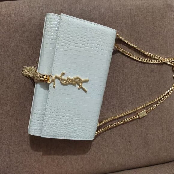 Yves YSL Saint Laurent KATE medium fringed crocodile-embossed leather bag - Picture 4 of 8